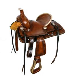 12" Double T hard seat roper style saddle with Aztec design tooling
