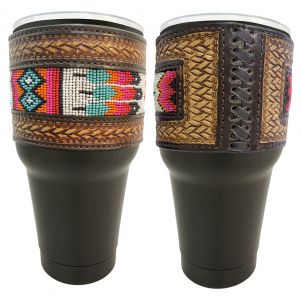 30 oz Insulated Black Tumbler with Removable Argentina Cow Leather Beaded Sleeve