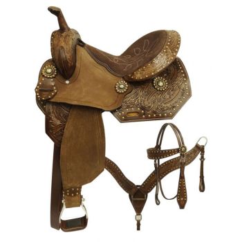 Economy Barrel Style Saddle Set with Feather Tooling - 14, 15 Inch