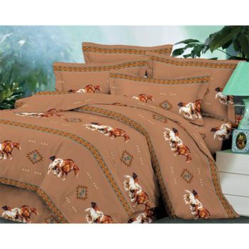 4 piece Queen Size Tan Running Horse Luxury Comforter Set