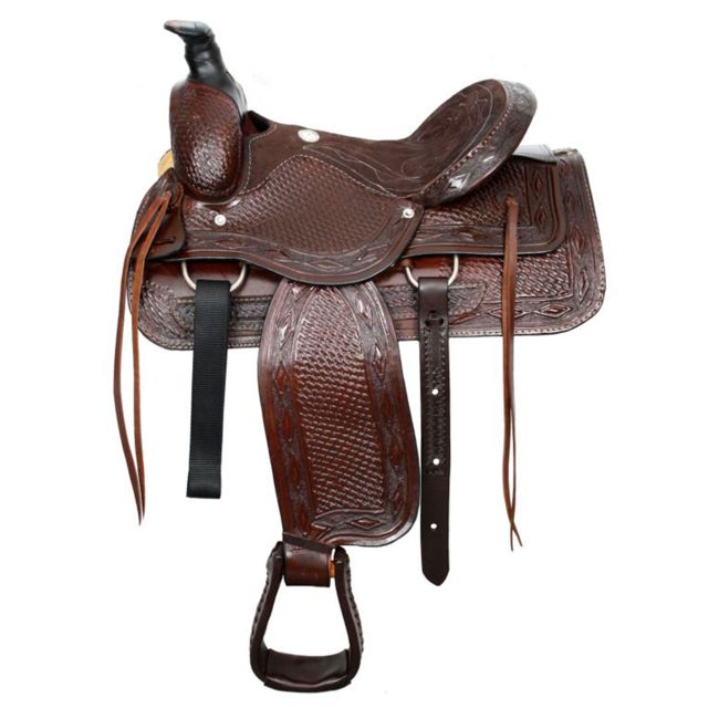 Buffalo Tooled Roper Style Saddle with Suede Leather Seat - 16 Inch