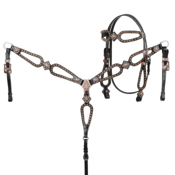 Showman Black leather headstall and breast collar set with copper studs and copper engraved conchos