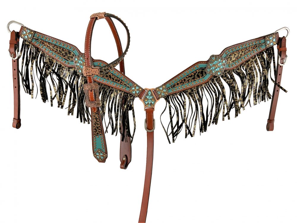 Showman Cheetah Print Headstall, Breast Collar, Reins Set With