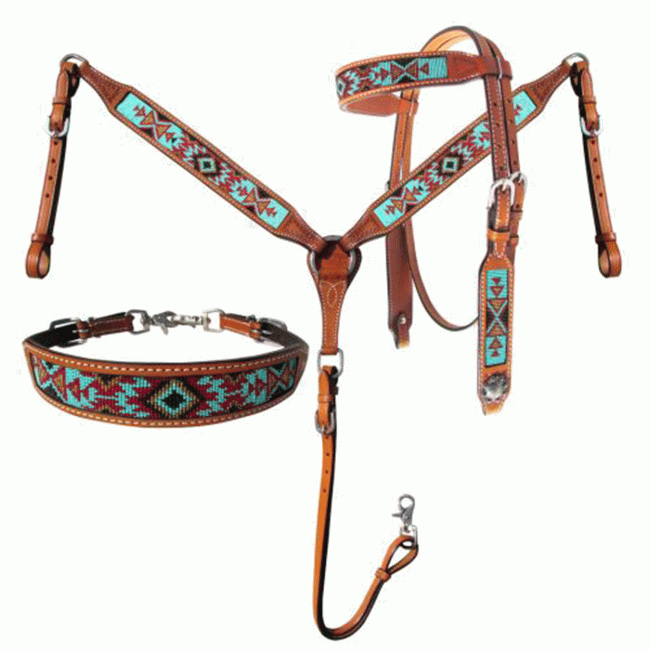 Showman Argentina Cow Leather 3-Piece Headstall and Breastcollar Set with Aztec Beaded Inlay