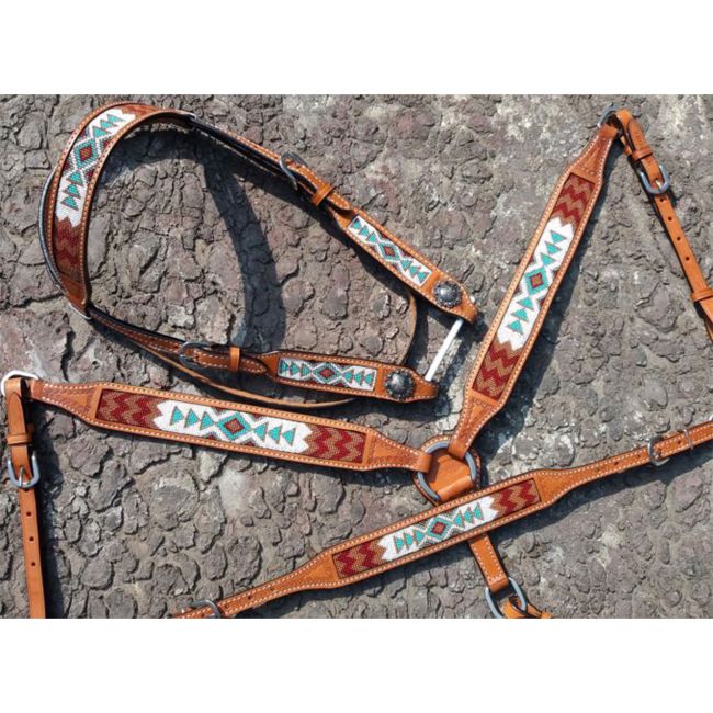 Showman Argentina Cow Leather 3-Piece Headstall and Breastcollar Set - Teal and White #2