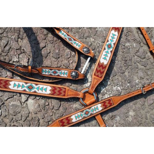 Showman Argentina Cow Leather 3-Piece Headstall and Breastcollar Set - Teal and White #3