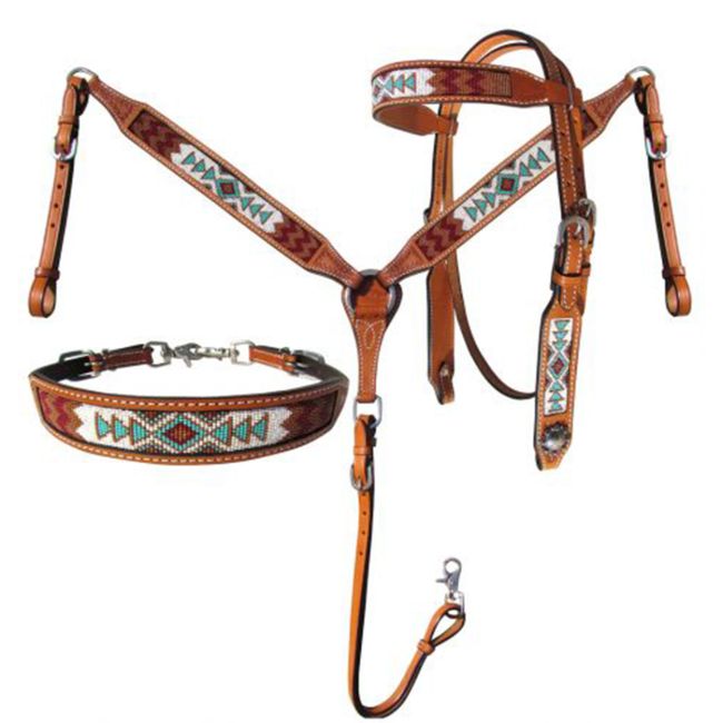 Showman Argentina Cow Leather 3-Piece Headstall and Breastcollar Set - Teal and White