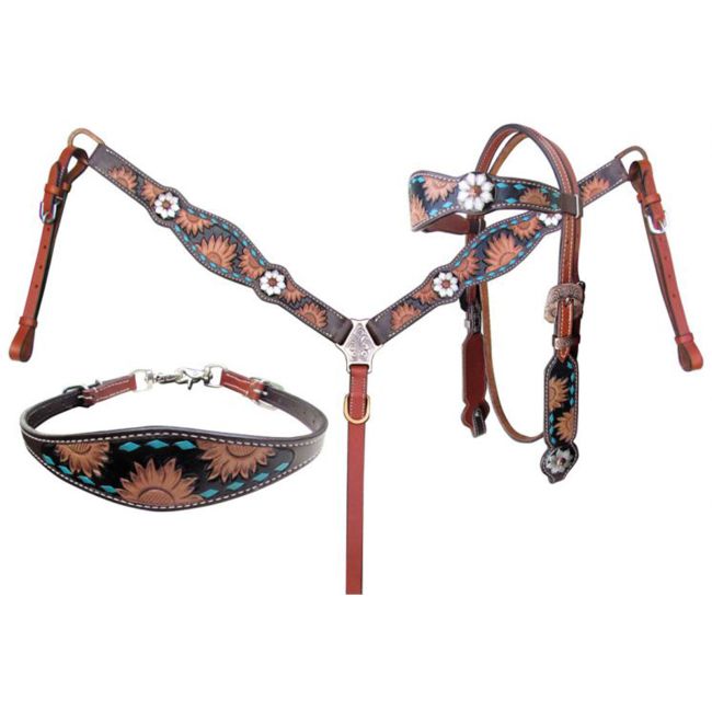 Showman Sunflower Tooled Browband Headstall and Breastcollar Set