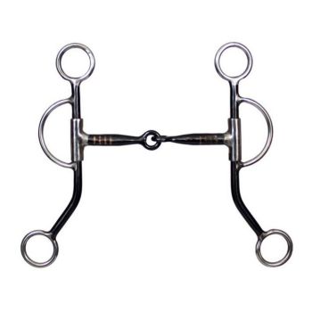 Showman stainless steel training snaffle bit with 8" cheeks. 5" sweet iron smooth snaffle mouth with copper inlay