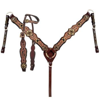 Showman Dark Oil One Ear Headstall and Breastcollar Set with Cheetah Print Inlay