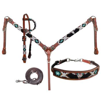 Showman 4 Piece Steer Head Beaded One Ear Headstall and Breastcollar Set