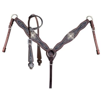 Showman Gator print inlay one ear headstall and breast collar set with silver and black beading