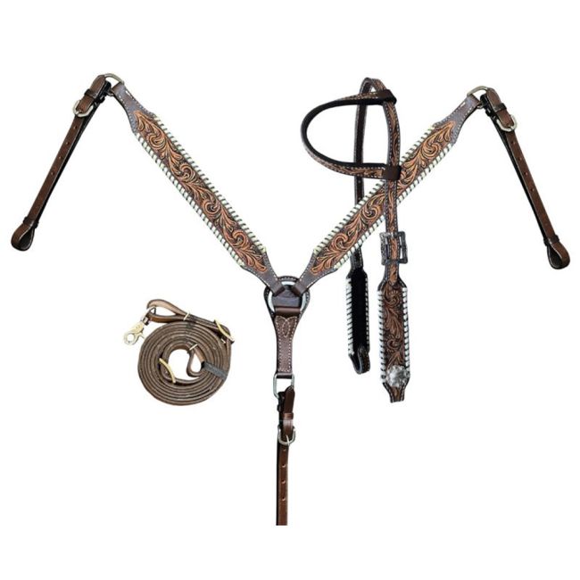 Showman Two-Tone Tooled Single Ear Headstall and Breastcollar Set with Rawhide Lacing