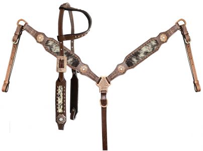 Showman Black & White speckled hair on cowhide inlay Single Ear Headstall and Breast Collar Set