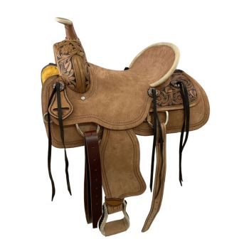 Roper Style Roughout Hard Seat Saddle with Floral Tooling - 16 Inch