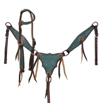 Showman Turquoise Gator One Ear Headstall and Breastcollar Set