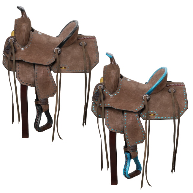 Double T Youth&#47;Pony Chocolate Roughout Barrel Saddle with Buckstitch - 12 Inch