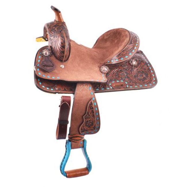 12" Double T Youth hard seat barrel style saddle with turquoise buckstitch trim