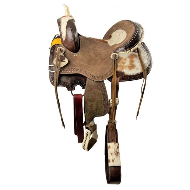 14", 15", 16" Double T Dark Oil Hard Seat Barrel Style Saddle with Hair on Cowhide Accents