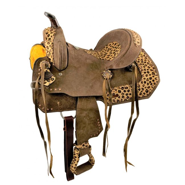 14", 15", 16" Double T Hard Seat Barrel style saddle with Cheetah Seat