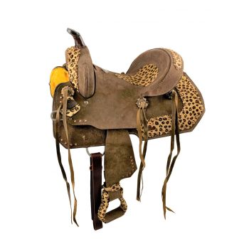 12" Double T Youth Hard Seat Barrel Style Saddle with Cheetah Seat