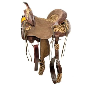 14", 15", 16" Double T Hard Seat Barrel Style Saddle with Cheetah Seat and Leather Tassels
