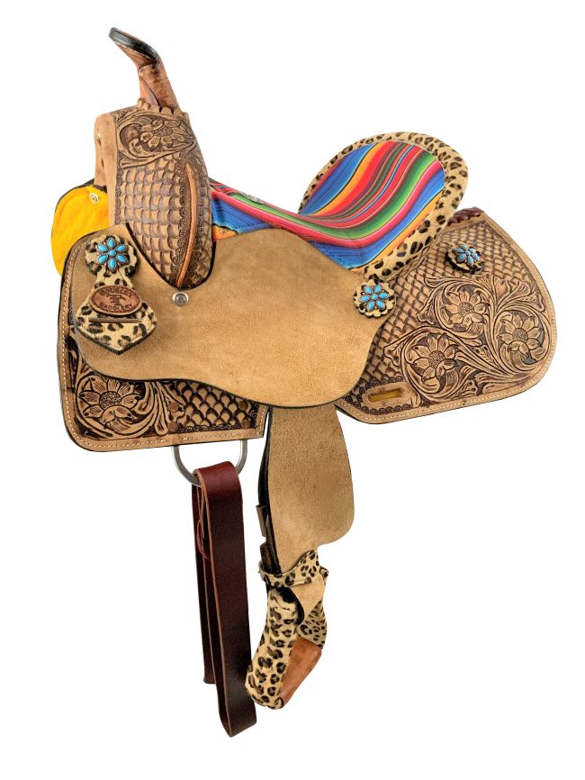 10" Double T Barrel style western saddle with Serape &amp; Cheetah Accents