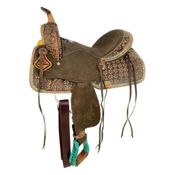 14", 15" Double T Barrel style saddle with flower tooling and buck stitch accents