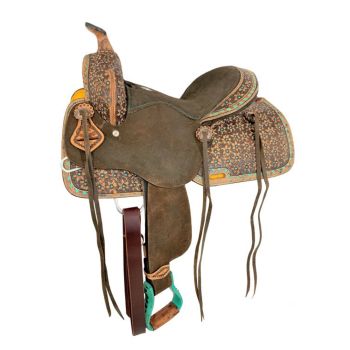 13" Double T Barrel Style Saddle with Teal Flower and Buckstitch Accents