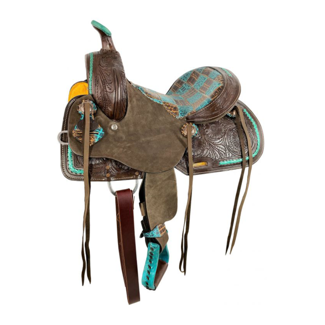 12" Double T Barrel Style Saddle with Teal Gator Patchwork Pattern