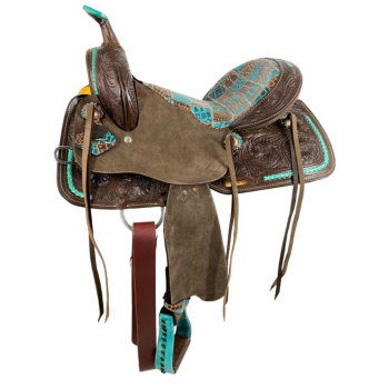 15" Double T Barrel Style Saddle with Teal Gator Patchwork Pattern