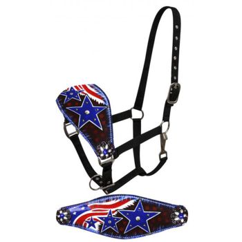 Showman Full Size Leather Bronc Halter with Painted American Flag Design