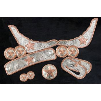 12 piece engraved copper star silver trim kit. Engraved silver plates and conchos accented with a copper trim and star