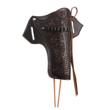 Showman 22 Caliber dark oil gun holster with basket and floral tooling