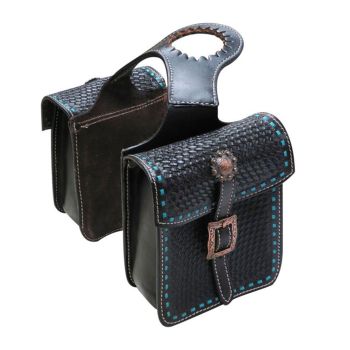 Showman Tooled leather horn bag with teal buck stitch