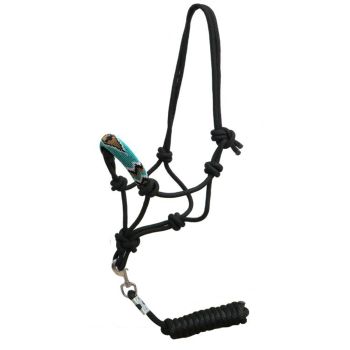 Showman Beaded Cowboy Knot Rope Halter with 7' Lead - Teal and Gold Cross