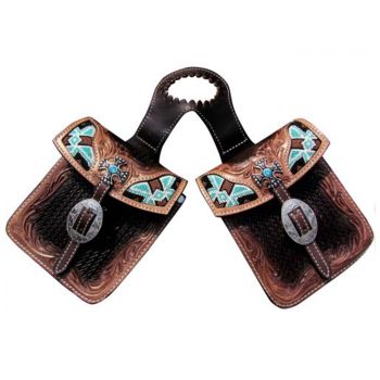 Showman Basketweave Tooled Leather Horn Bag with Beaded Inlay