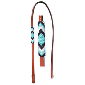 Showman 4ft Leather over & under whip with teal, black, and white beaded overlay