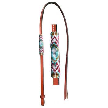 Showman 4ft Leather over & under whip with teal, red, and gold cross designed beaded overlay