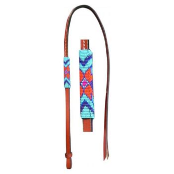 Showman 4ft Leather over & under whip with teal, purple, and orange beaded overlay