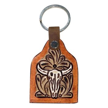 Showman Cow tag shaped White painted tooled leather cow skull keychain