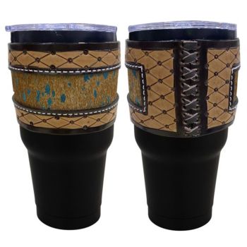 30 oz Insulated Black Tumbler with Removable Argentina Cow Leather Cowhide Inlay Sleeve