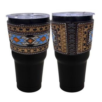 30 oz Insulated Black Tumbler with Removable Argentina Cow Leather Beaded Sleeve - blue and white accents