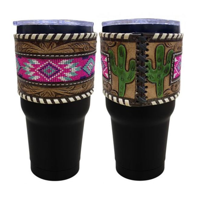 30 oz Insulated Black Tumbler with Removable Argentina Cow Leather Beaded Sleeve - cactus