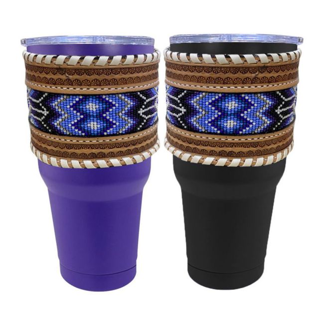 30 oz Insulated Purple &#47; Black Tumbler with Removable beaded Leather Aztec Print Sleeve