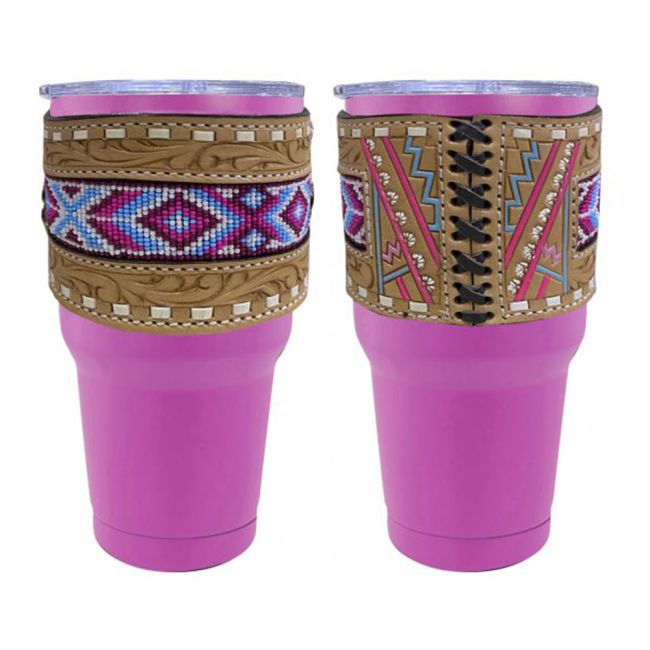 30 oz Insulated Pink Tumbler with Removable Argentina Cow Leather Beaded Inlay Sleeve