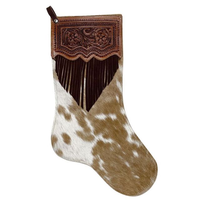 Showman Hair on Cowhide Tooled top Christmas Stocking with fringe