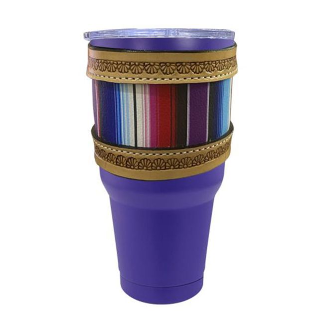 30 oz Insulated Purple Tumbler with Removable Argentina Cow Leather Serape Print Sleeve