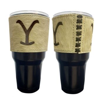 30 oz Insulated Black Tumbler with Removable Argentina Cow Leather Cowhide 'Y' Cattle Brand Sleeve