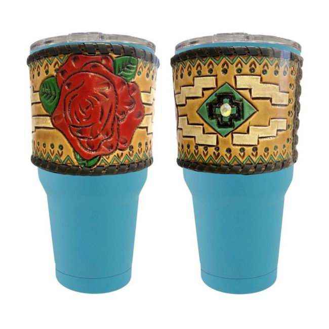 30 oz Insulated Teal Tumbler with Removable Argentina Cow Leather Rose tooled sleeve